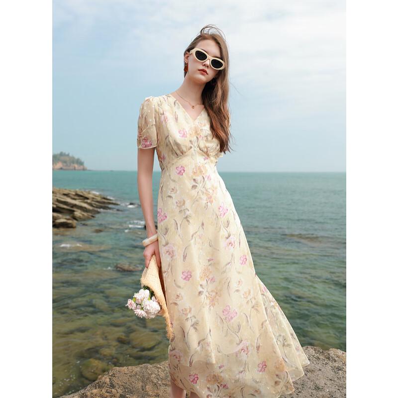 Sancai 2025 Summer French Floral V-neck Puff Sleeve Maxi Dress