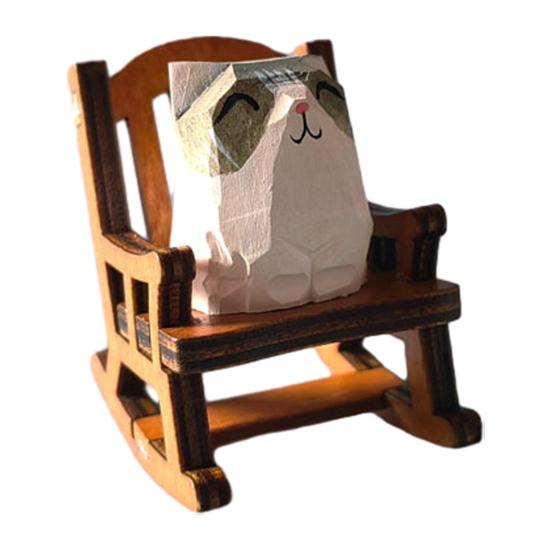 Small Hand-Carved Wooden Animal Figurine Cute Rocking Chair Cat/Dog/Fox Statue for Desk Home Office Decor