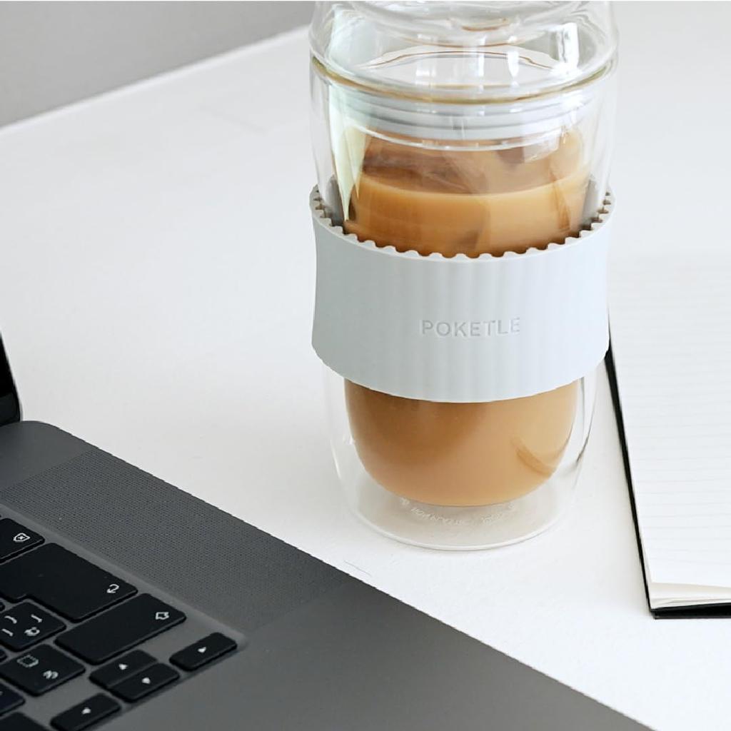 POKETLE Glass Tumbler with Lid, 330ml, Double-Walled, Heat-Resistant, Dishwasher-Safe, BPA-Free, Vidro 330, Latte Beige