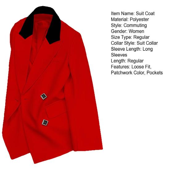 Women Suit Coat Lapel Long Sleeve Patchwork Color Suit Jacket with Flap Pockets Loose Fit Casual Office Workwear