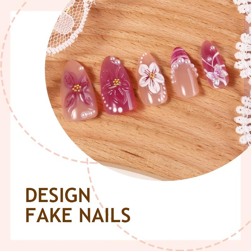 30 Piece Set of 3D Flower Almond Shaped Pressed Acrylic Nail Art Medium Length Suitable for Daily Wear and Holidays