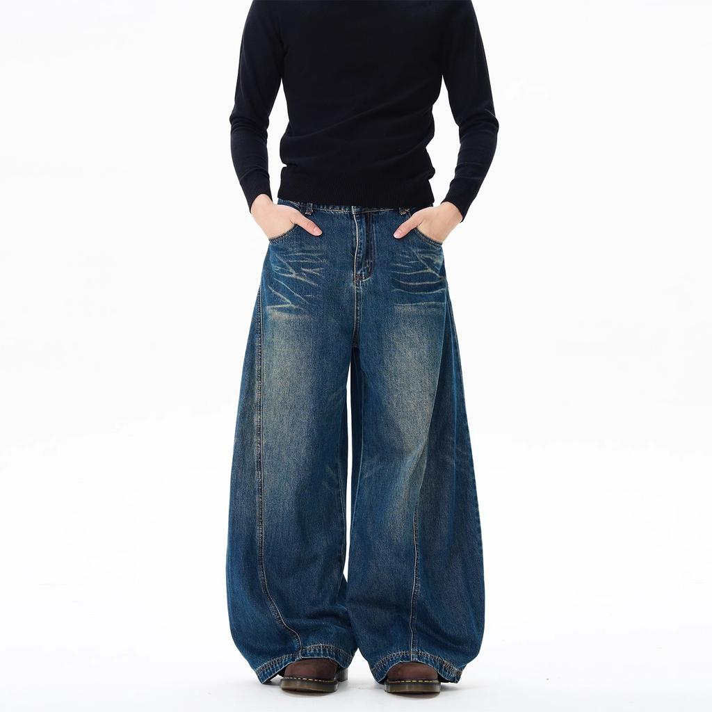Retro Washed Knife Edge Jeans Men Summer Loose High Street Straight Leg Wide Leg Floor Length Drapey Scythe Pants