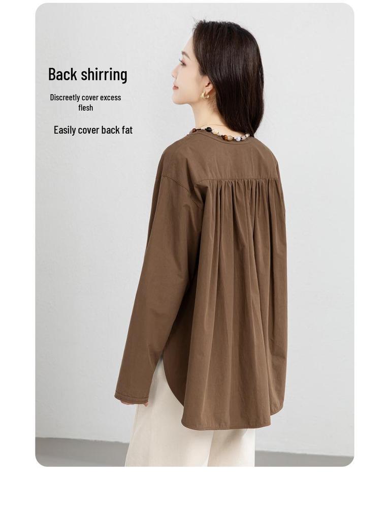 Xin Ge Cotton Loose Casual Long Sleeve Shirt with Beaded Collar