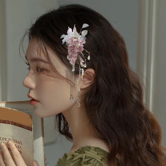 Hair Clip Butterfly Flower Wisteria Glass Hairpin Flower Beads Tassel Hair Claw Multi-functional Styling Hair Accessories