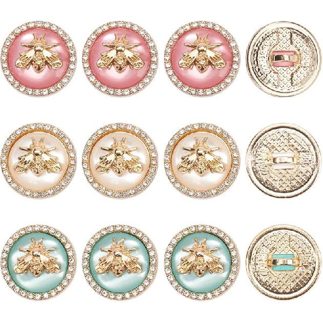 GORGECRAFT 12Pcs Metal Rhinestone Button 3 Colors 3D Bee Round Button 18mm Gold Buttons with Bees & Rhinestone & Resin for Blazer Suits Sport Coat