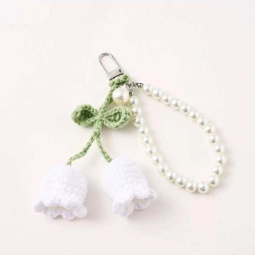Korean Style Cute Yarn Crochet Girl Keychain with Pearl Chain and Decorative Bag Buckle