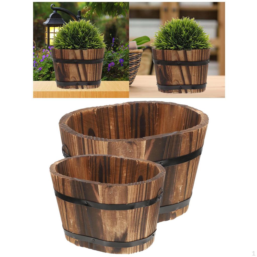 2x Wood Flower Pots Flowerpots Retro Decorative Plant Wooden Bucket Planter Barrels for Table