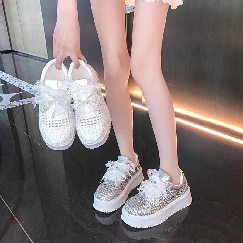 Shoes for Women 2025 New Summer Hollow Out Thick Bottom Women Sneakers Casual Breathable Solid Lace Up Women's Vulcanize Shoes