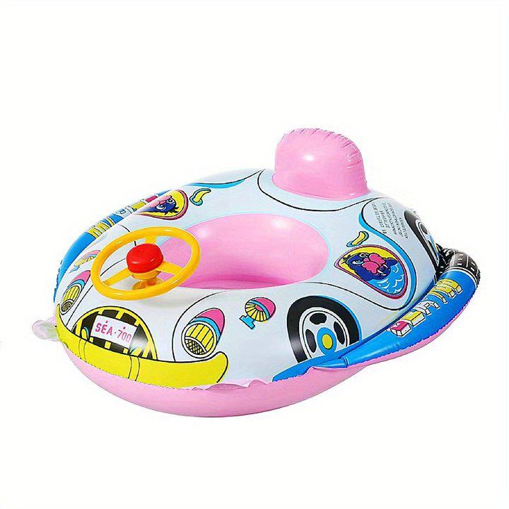 Cartoon Inflatable Swimming Ring Car with Horn & Steering Wheel for Ages 1-3