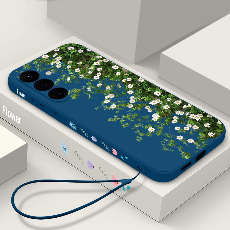 Colorful Flower Print Lanyard Phone Case For Samsung Galaxy A57 A17 A56 A16 A55 A15 A36 S25 FE S26 S24 S23 S22 Ultra Soft Cover