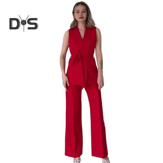 2 Pcs/Set Women Coat Pants Set V Neck Lace-up Slim Waist Mid Length Cardigan Sleeveless Jacket Wide Leg High Waist Straight Trousers Lady Formal