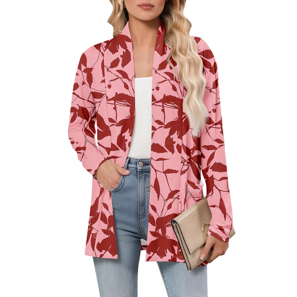 Damen Langarm Strickjacke V-Ausschnitt Mode Bedrucktes Hemd Leicht Lässig Locker Dünne Strickjacken Mit Taschen