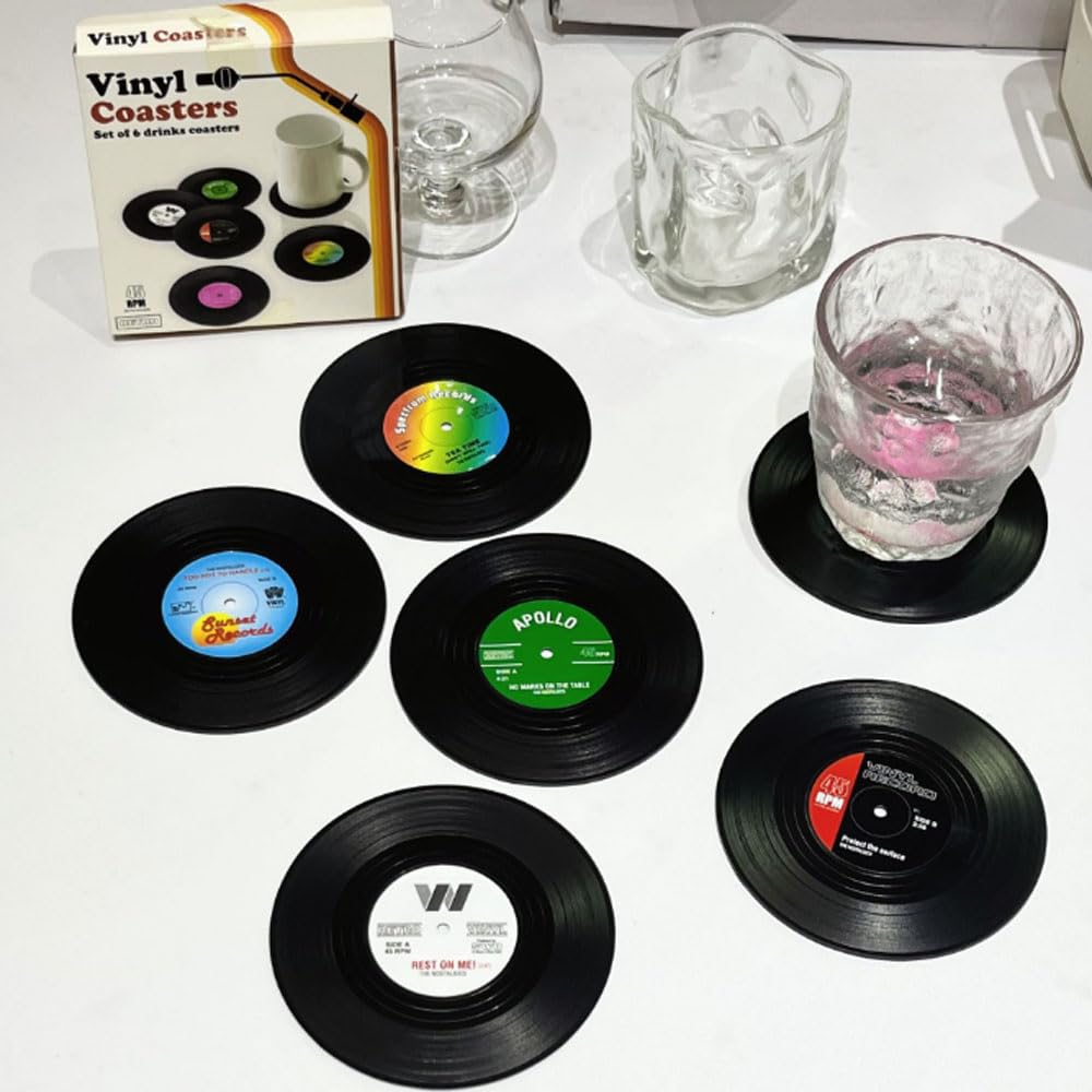 6-piece Set of Retro Black Rubber Record Coasters, Including Teacup Mats, Beverage Coasters, Round Coasters, Heat-insulating Mats, Non-slip Mats,