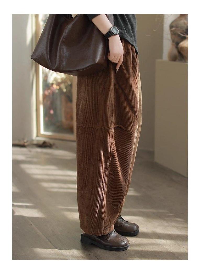 Women's Retro Corduroy Harem Pants - Elastic Waist, Lace-up, Patchwork, Plus Velvet, Thickened for Spring/Autumn