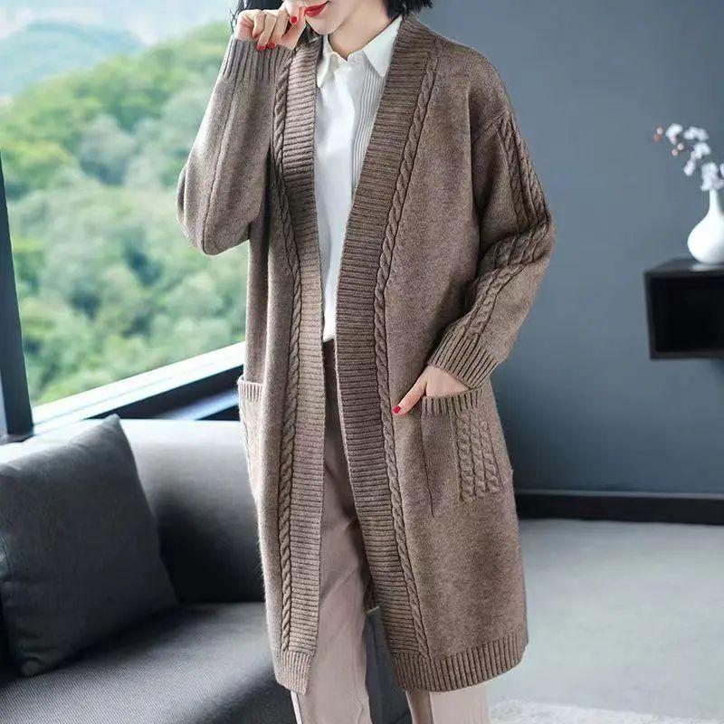 

Осінньо-зимовий однотонний трикотажний кардиган міді з V-подібним вирізом, жіночий, у корейському стилі, західна мода, універсальний, простий жакет-топ XXXL верблюд