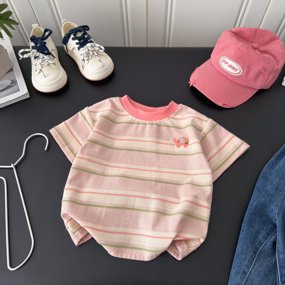 Spring/Summer 2026 Toddler Boys & Girls Striped Cartoon Embroidered Short Sleeve Base Layer 80 cm