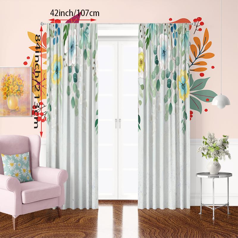 2PCS- Watercolor Flower - Printed Curtain - Polyester Material - Suitable for Bedroom, Living Room, Study, Private Space