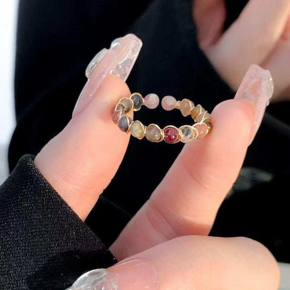 3PCS Adjustable Round Bead Ring Light Luxury Opening Ring Trendy Colorful Beads Ring  Party