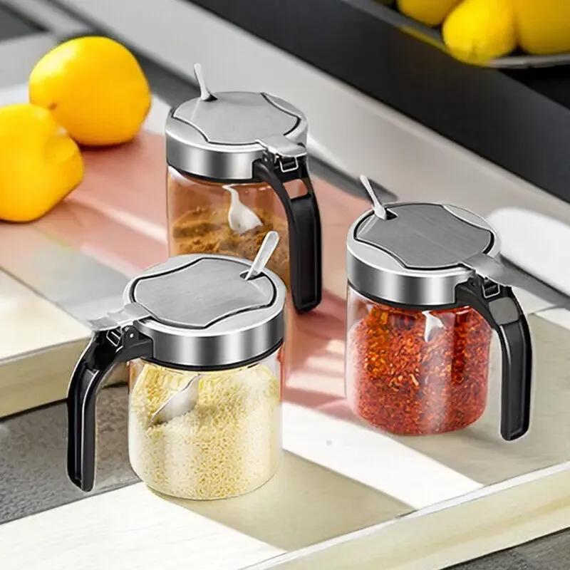 300ml Spices Glass Seasoning Jar with Spoon Sugar Salt Shaker Pepper Seasoning Container Kitchen Supplies Storage Spice Boxes