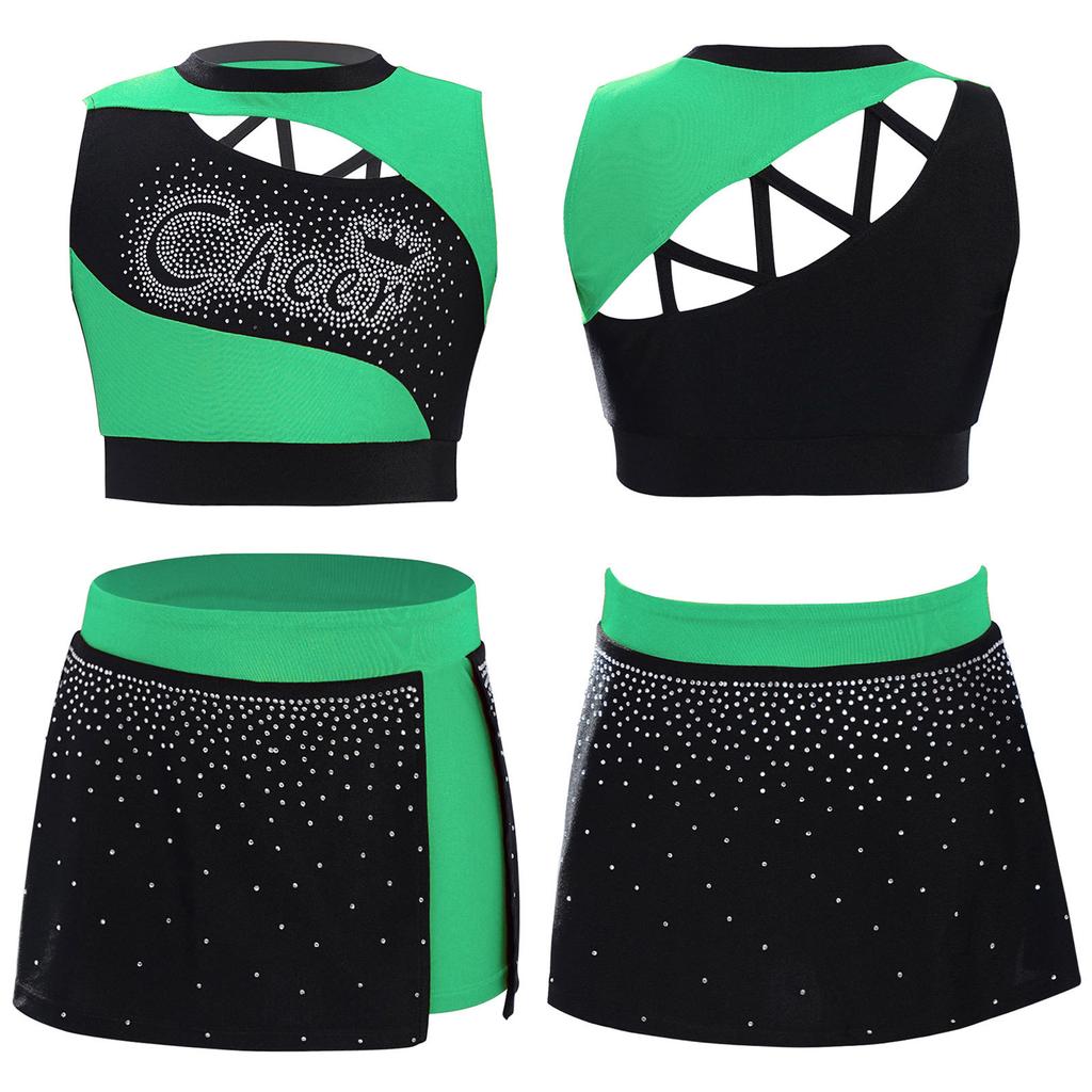 Kids Girls Cheerleading Dance Outfit Set Sleeveless Rhinestone Crop Top & High Slit Skirt for Cheer Competition, Stage Performance, Party Costume