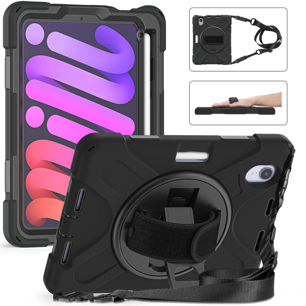 Heavy Duty Case Universal For iPad Mini 7 A17 Pro 2024 2021 8.3" Rotatable Stand Hybrid Cover With Hand Shoulder Strap, Pen Slot