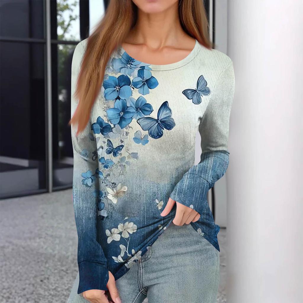 Women's  And Winter Slim Bottom T-shirt Fashion Casual Gradient Printing Round Neck Pullover Long Sleeve Top