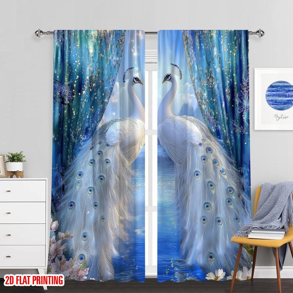Set Of 2 Flat Printing Window Drapes Peacock Durable Polyester Fabric Without Electricity Versatile Suitable Indoor Curtains Made