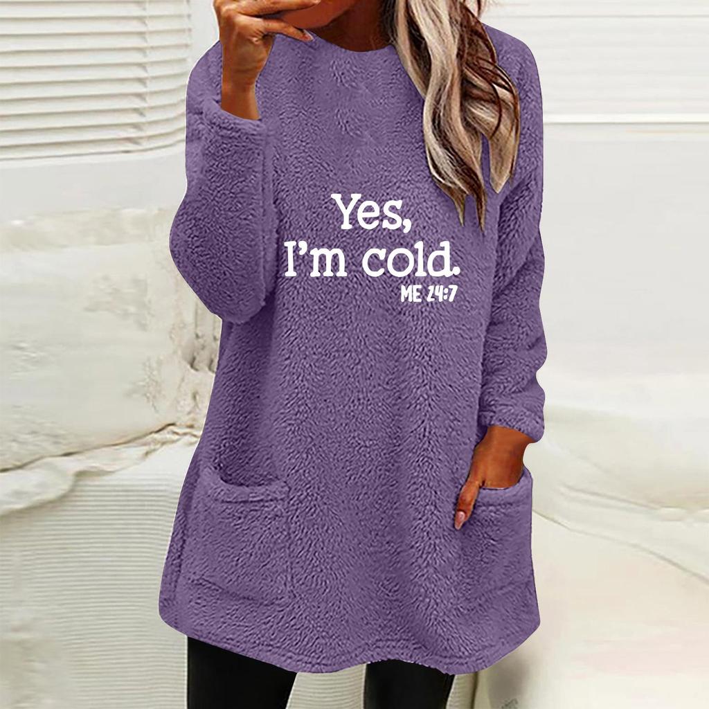 New Style Women's Loose Fit Letter & Number Print Round Neck Plush Hoodie with Pockets