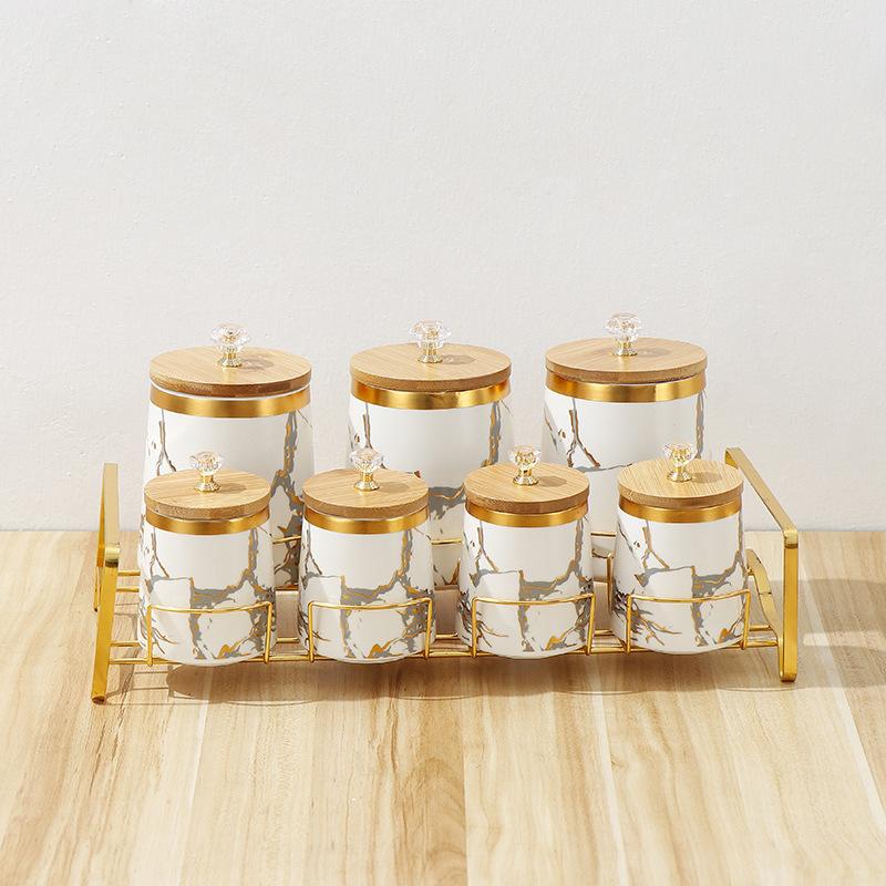 Ceramic Storage Jar 7 Piece Set Airtight Jar with Wooden Lid Storage Tank Food Storage Box Tea Caddy Spice Jars Kitchen Storage