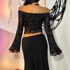 New Elegant Women's Black Floral Mesh Off Shoulder Flared Sleeve T-shirt Top for Women