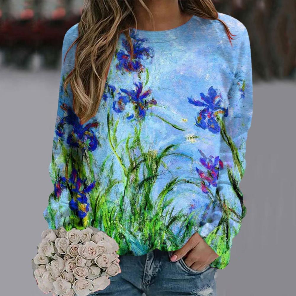 Fashionable Retro 3D Floral Print Women's Casual Round Neck Long Sleeved T-shirt