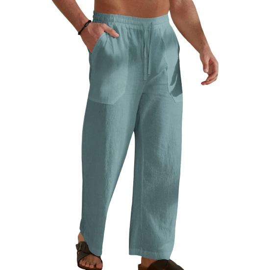 Men Pants Drawstring Elastic Waist Straight Leg Loose Solid Color Pockets Sweat Absorption Daily Wear Casual