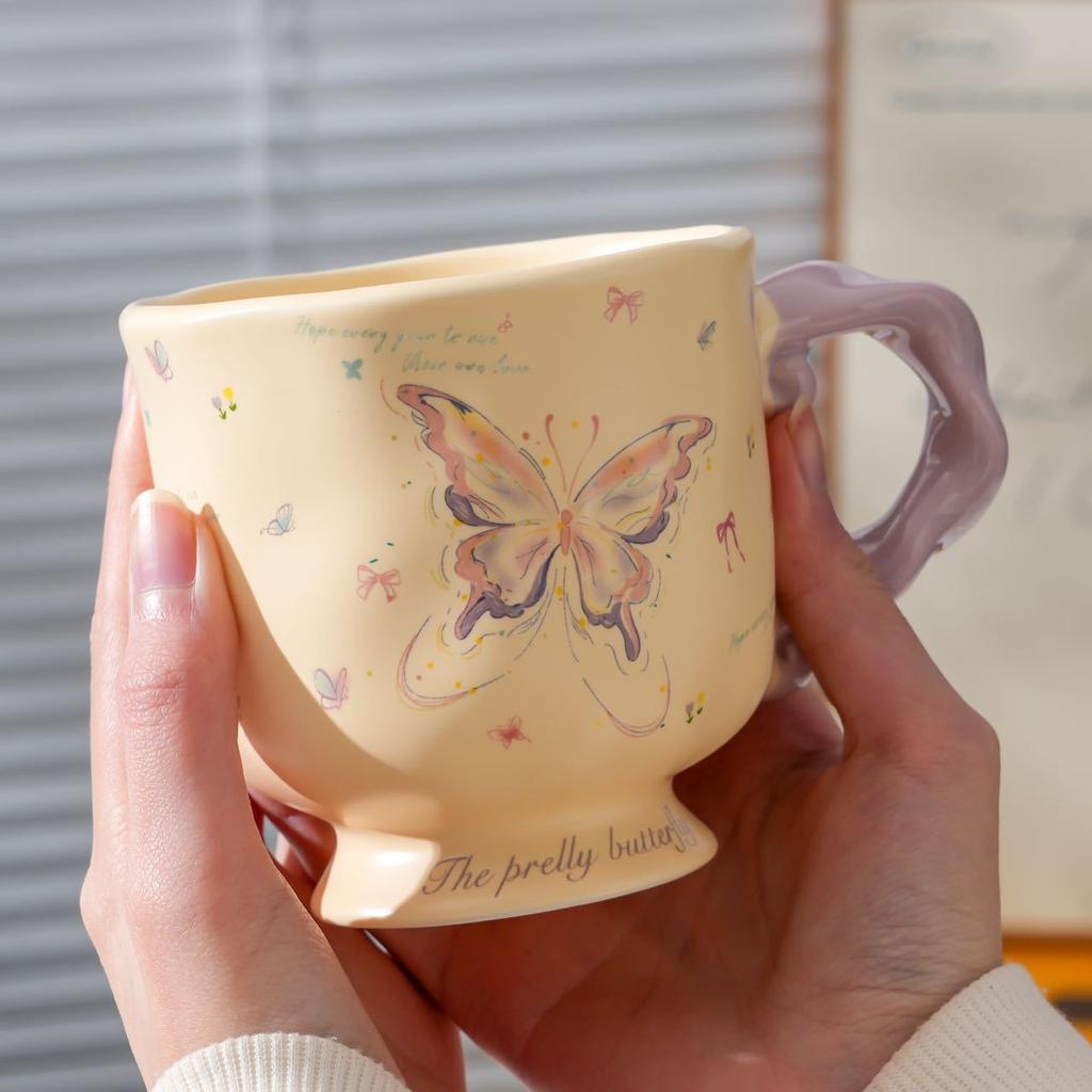 Retro Butterfly Ceramic Mug, Large-Capacity Breakfast Cup, High-Value Couple Water Cup, Home Office Female Gift