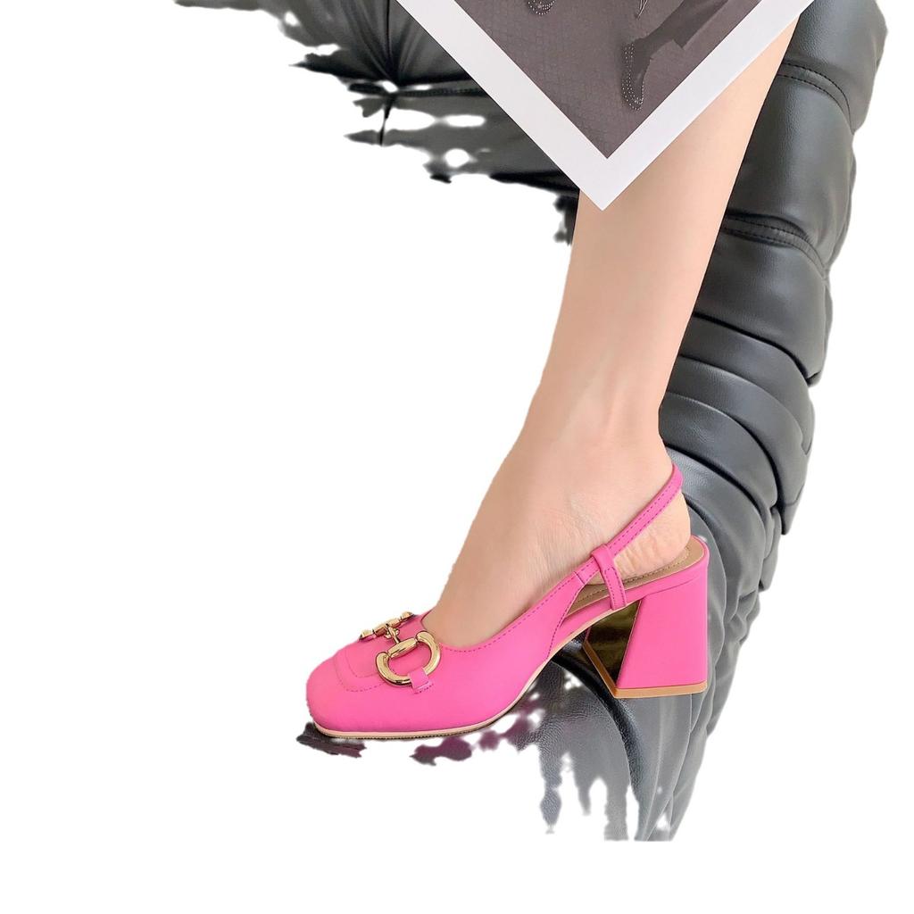 Baotou sandals women's summer middle heel thick heel high heels Mary Jane square head horse buckle single shoes