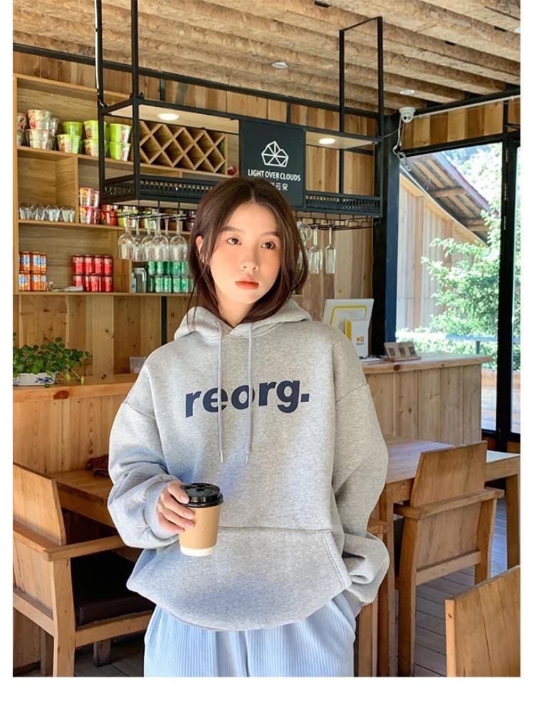 Dámská růžová fleecová mikina s kapucí Dámská s potiskem písmen Pulovr Dlouhý rukáv Volná Ležérní Podzim Zima Nová