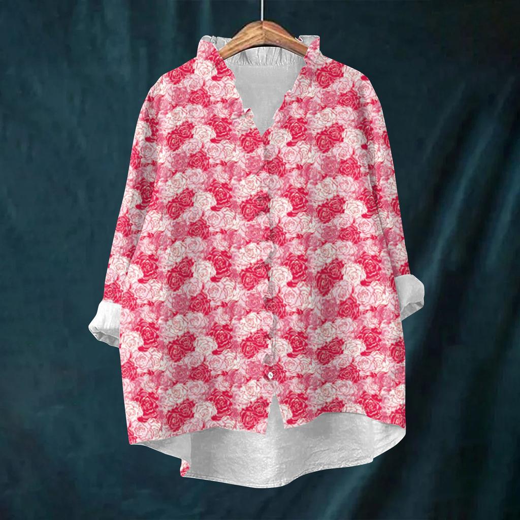 Women's Loose Ruffled Retro Floral Print Stand Collar Long Sleeve Cotton And Linen Top