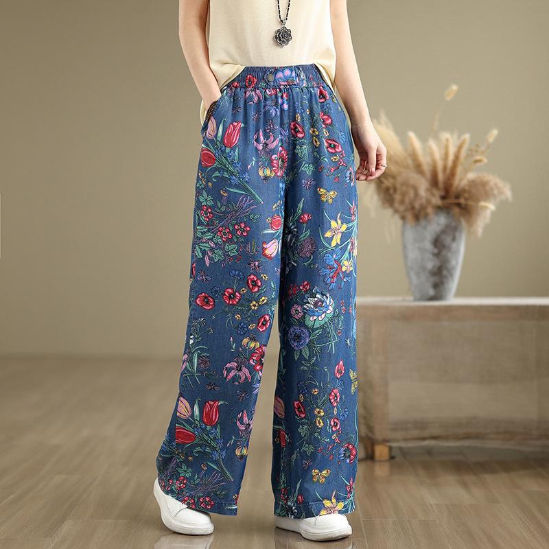 Flower Print Loose Straight Pants Female Autumn High Waist Loose Denim Trousers for Women Casual All Match Jeans