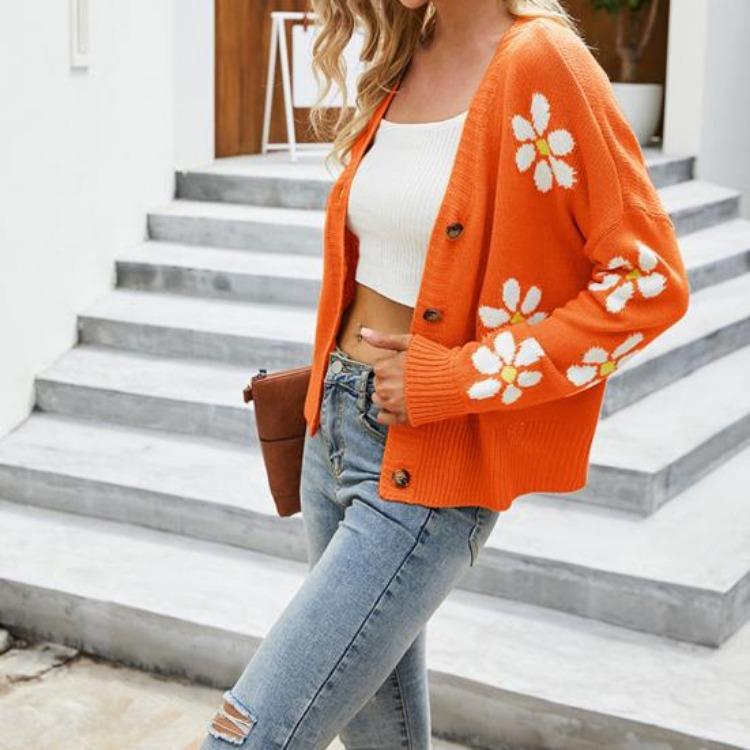 V Neck Floral Pattern Knitwear Cardigan Women Long Sleeve Button Placket Knitting Coat Sweater Jacket