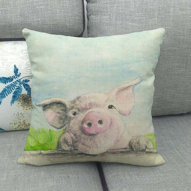 Retro Bemalte Schweine-Serie Muster Digitaldruck Kurzer Plüsch Kissenbezüge für Auto Sofa Büro Kissenbezug Heimtextilien