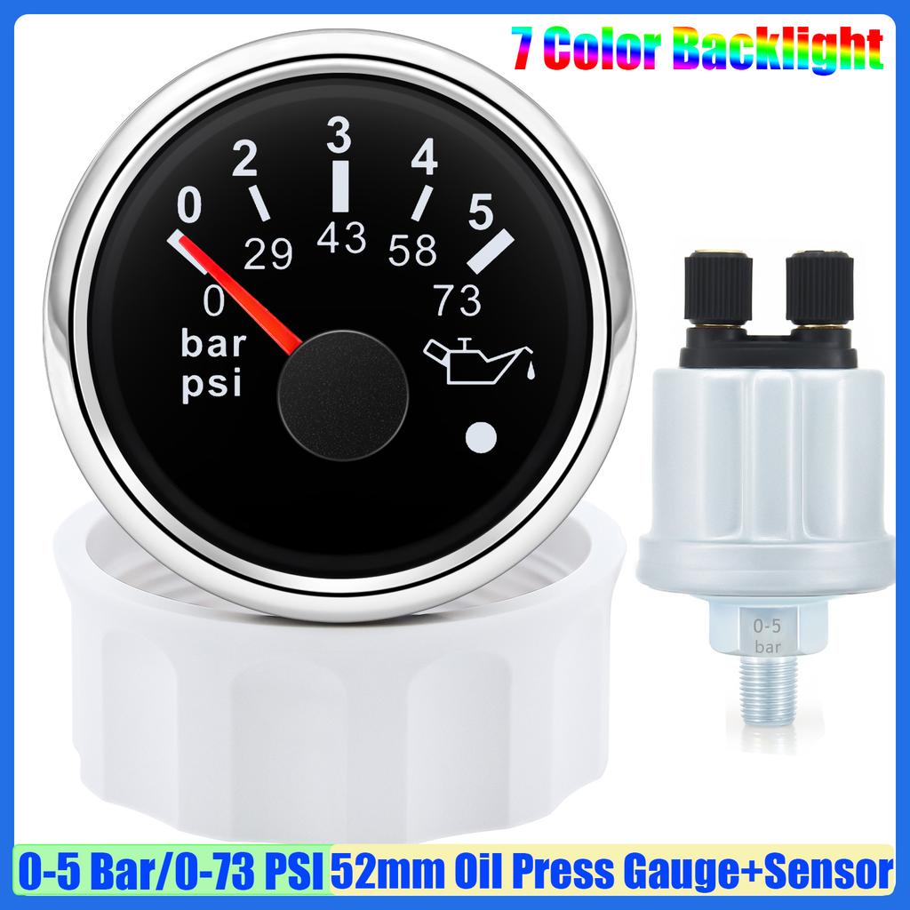 7 Color Light Pointer 52mm Oil Pressure Gauge with Sensor Alarm 0-5Bar,0-10Bar Oil Press Meter Indicator for Car Boat Yacht