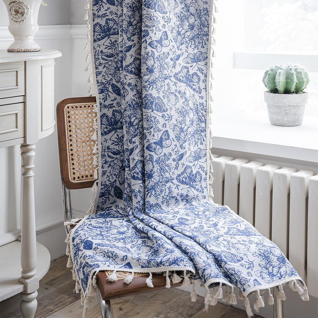 Imanqi Yun Blue Butterfly Jacquard Tassel Semi-Blackout Curtains for Kitchen or Bay Window