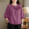 Women Casual Round Neck 3/4 Sleeve Loose Blouse