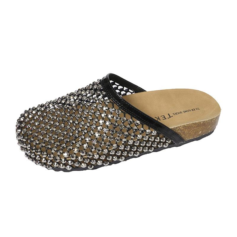 

2025 new fashionable thick-bottomed mesh rhinestone bag head drag women wear flat-bottomed lazy people with one foot on beach cool slippers 40 чёрный