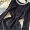 Women's Heavy Diamante Round Neck Long Sleeve Splicing Receiving Waist Sequins Mesh Irregular Dress