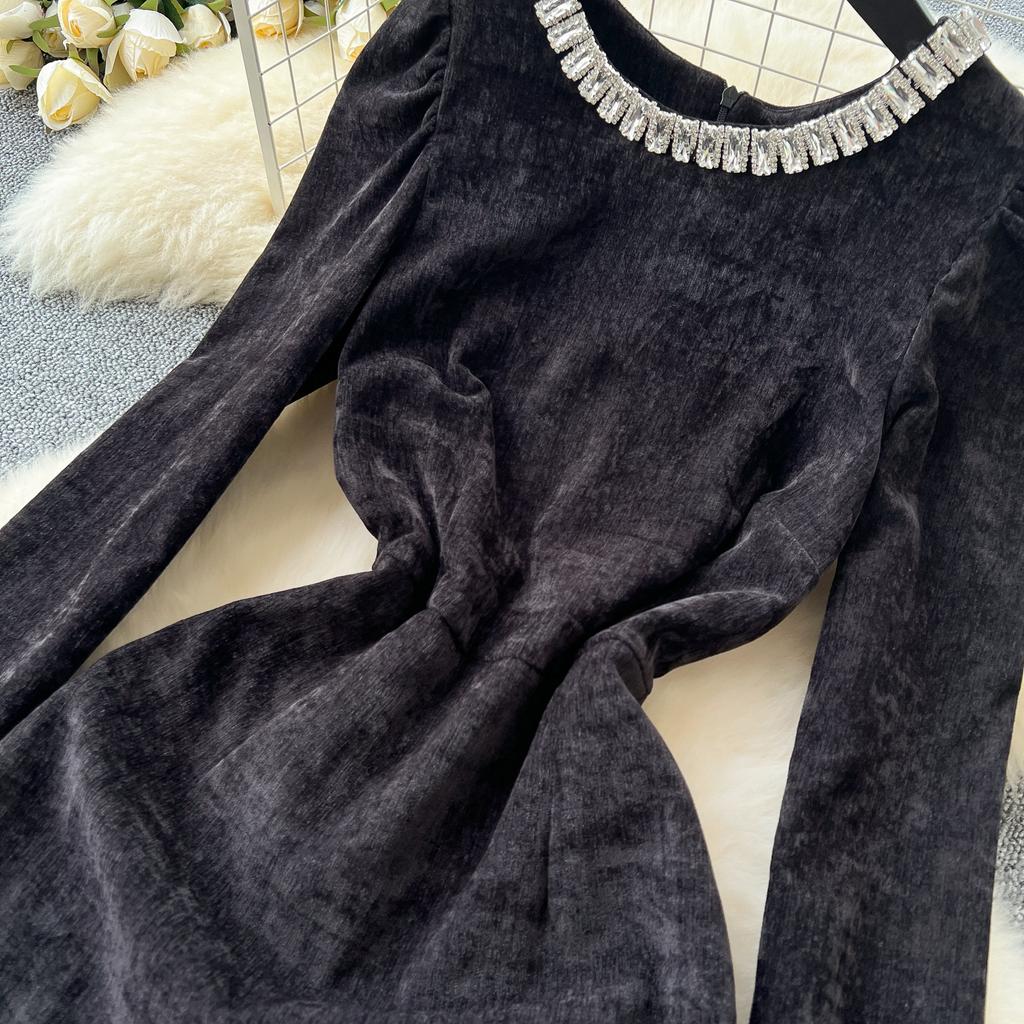 Women's Heavy Diamante Round Neck Long Sleeve Splicing Receiving Waist Sequins Mesh Irregular Dress