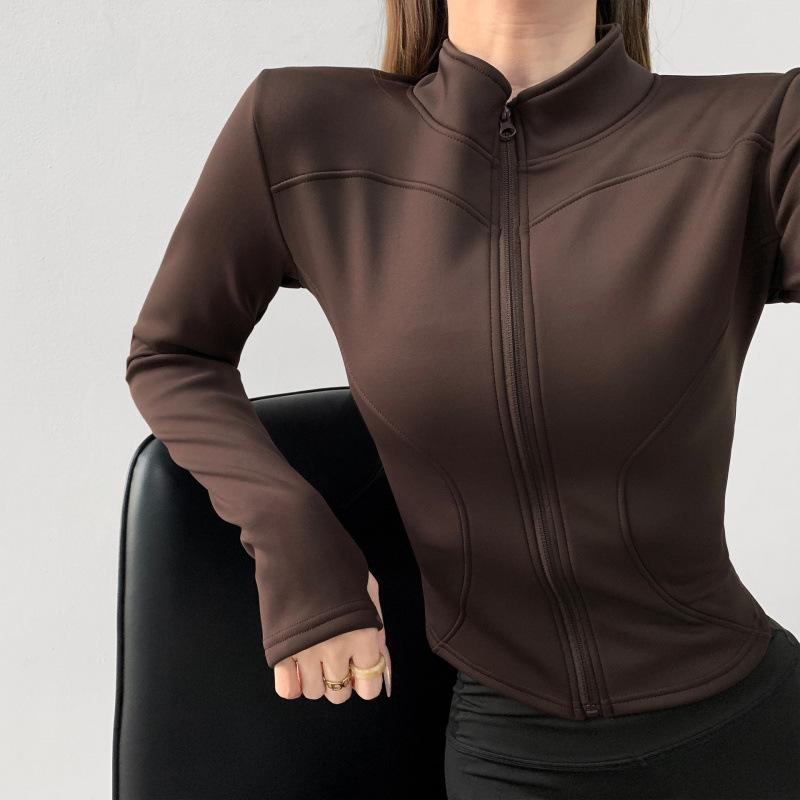 Women's Velvet Plus Long Sleeve Fitness Jacket - Slimming Stand Collar Yoga Top