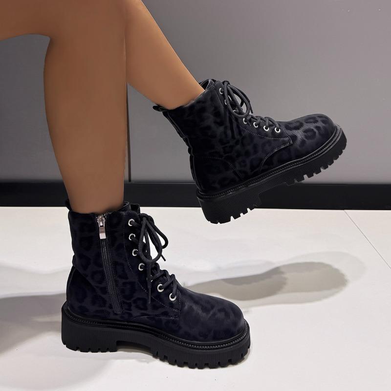 Dicke Sohle Martin Stiefel Damen Herbst und Winter neue Leopardenmuster Lokomotivstiefel Samt Stiefeletten Retro Slim Damenstiefel