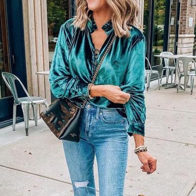 2023 Autumn/Winter Ruffle Button Shirt Fashion V-neck Velvet Office Lady Blouse Casual Long Sleeve Loose Tops Blusas Mujer 30194