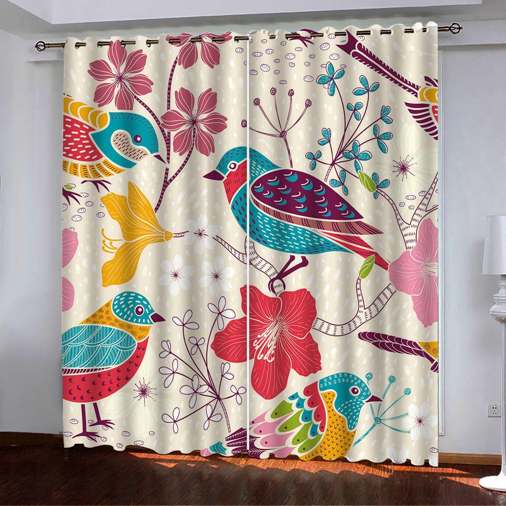 Curtains Flower And Bird Line Series Spring 3D Digital Printing High Density Blackout Curtains