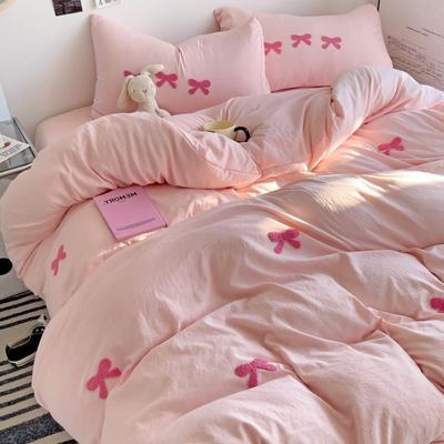 Set da quattro pezzi in cotone lavato, set da tre pezzi per dormitorio con fiocco, lenzuolo, copripiumino, forniture